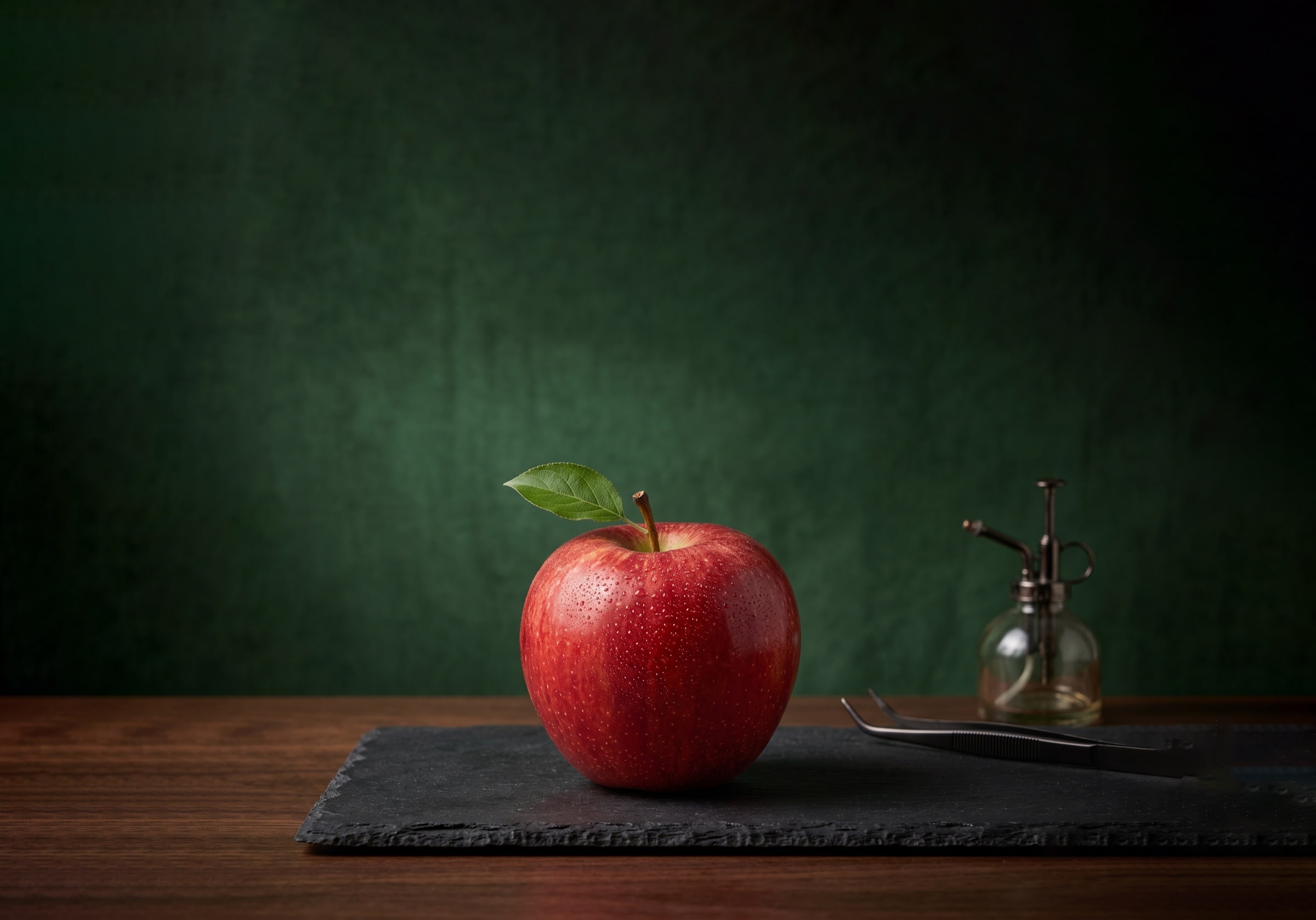 Fresh red apple against a deep green orchard-inspired background